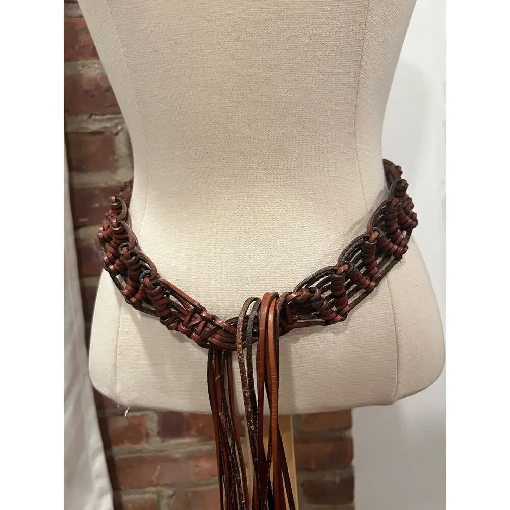 Womens Vintage Boho Western Fringe Brown Leather Belt Small Medium